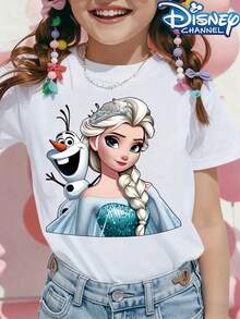 [Authorized]Elsa From Frozen Print Disney Girl's Summer Round Neck Casual T-Shirt, Slightly Stretchy Fabric,Suitable For Birthday Gifts,Ideal For Daily Activities,Sports, And Travel, Summer T-Shirts For Girls - 白色 - 查看 1
