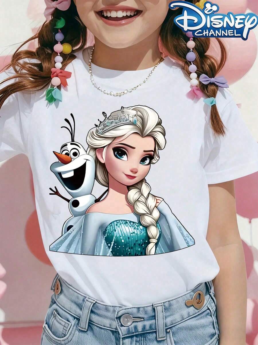 [Authorized]Elsa From Frozen Print Disney Girl's Summer Round Neck Casual T-Shirt, Slightly Stretchy Fabric,Suitable For Birthday Gifts,Ideal For Daily Activities,Sports, And Travel, Summer T-Shirts For Girls - 白色 - 查看 1