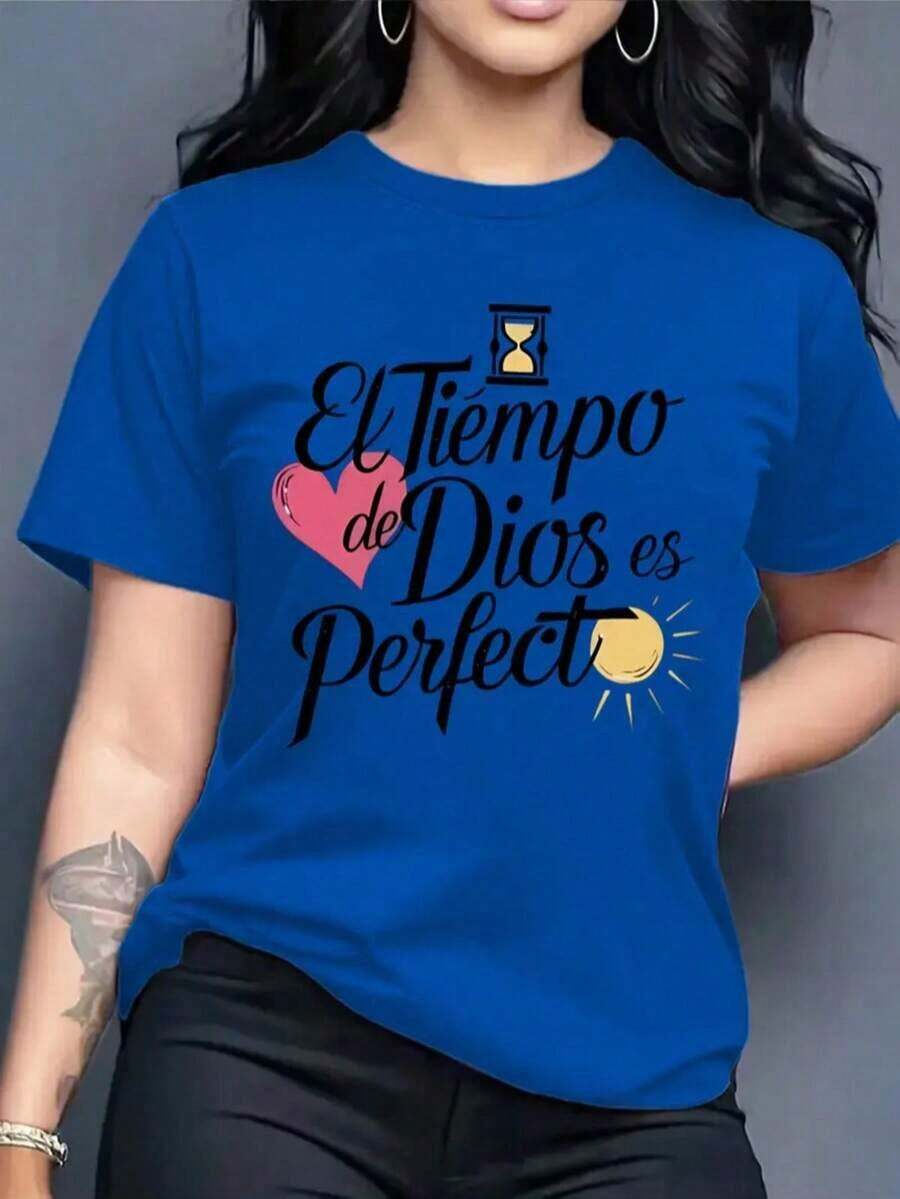 Playera camiseta gráfica dama mujer manga corta cuello redondo básica cómoda fresca ligera moderna juvenil casual estampado frase religiosa tiempo de dios es perfecto letras cristiana corazón - azul real - Ver 1