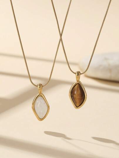 1pc Stainless Steel Gold Rhombus Inlaid Tiger Eye Stone & White Gemstone Adjustable Necklace, Customizable Color, Suitable For Women's Daily Decoration Or Gift