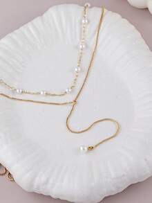1pc Elegant Faux Pearl Y-Shaped Multi-Layer Necklace, Graceful Style, Suitable For Women To Wear To Work, Dates, Parties And Gatherings - Yellow Gold - View 5