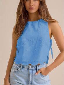 Women Summer Tank Tops Casual Tie up Side Floral Embroidery Sleeveless Shirt Basic Vest for Streetwear - Azul - Ver 1