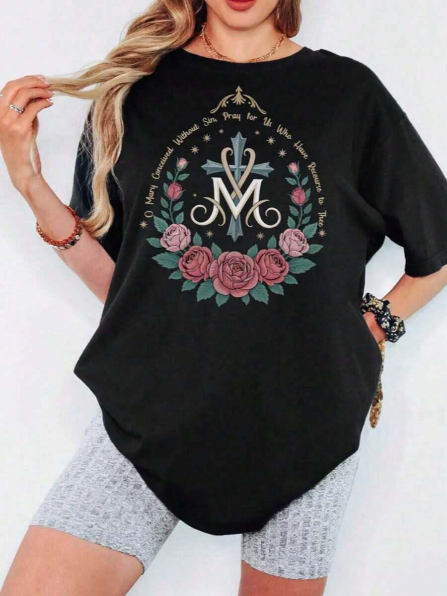 1 Catholic Marian T-Shirt, Catholic Gift, Catholic Marian Religious T-Shirt, Christian Faith Clothing, Floral Religious T-Shirts For Women, T-Shirt With Cross, Cute Summer T-Shirts For Women, Printed Round Neck T-Shirt, Graphic T-Shirts For Women, 180g 100% Cotton, All Designs Are Printed. Unisex. - Black004 - 查看 1