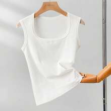 Camisola sin mangas para mujer, camiseta básica de verano con cuello cuadrado elástico, top sexy con hombros descubiertos - Gris Oscuro - Ver 3