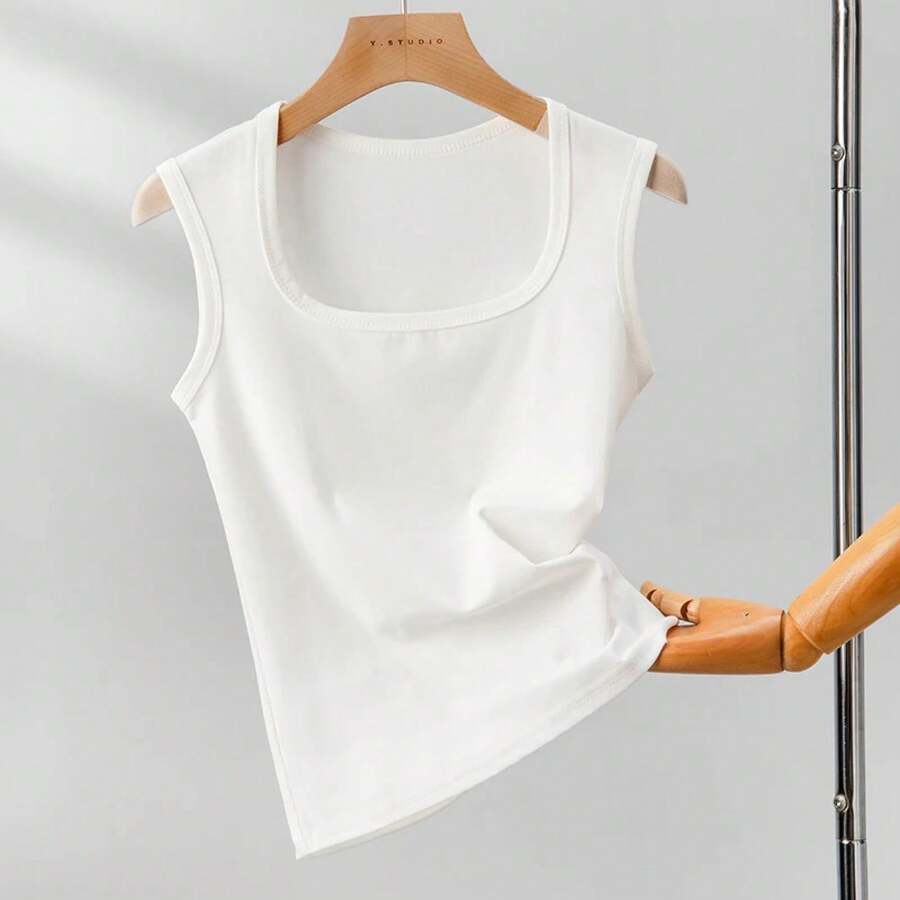 Camisola sin mangas para mujer, camiseta básica de verano con cuello cuadrado elástico, top sexy con hombros descubiertos - BLANCO - Ver 1