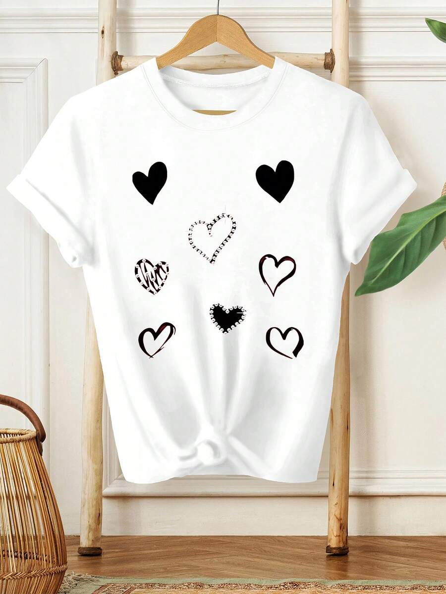 Camiseta de verano para mujer con estampado de corazones, camiseta de manga corta, camiseta estampada de moda casual para damas, ropa elegante para mujer. - Blanco - Ver 1