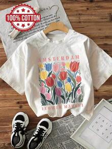 Camiseta Unisex de Algodón con Cuello Redondo y Manga Corta, Estampado de Palabras "Tulip Market AMSTERDAM FLOWER MARKET", Estilo Fresco - Blanco - Ver 7