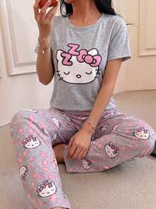 SANRIO 两件套 Hello Kitty 图案女士睡衣套装，柔软短袖上衣和长裤，可爱舒适的家居服 - 淺灰色 - 查看 2