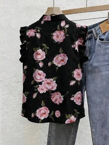Blusa de mujer de gasa negra con lunares, elegante y romántica con volantes en el bajo - Rosa - Ver 2