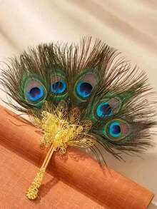 1pc Elegant Hand-Held Peacock Feather Fan, Suitable ForWeddings And Formal Occasions, No Power Supply Needed,Peacock Feather Design, Wedding Accessory,Festival,Accsesories - Multicolor - View 6