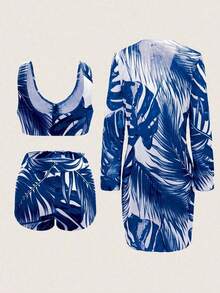 Swim Lushore Conjunto de bikini sexy con estampado floral tropical, cordón frontal y bata para verano - Azul - Ver 4