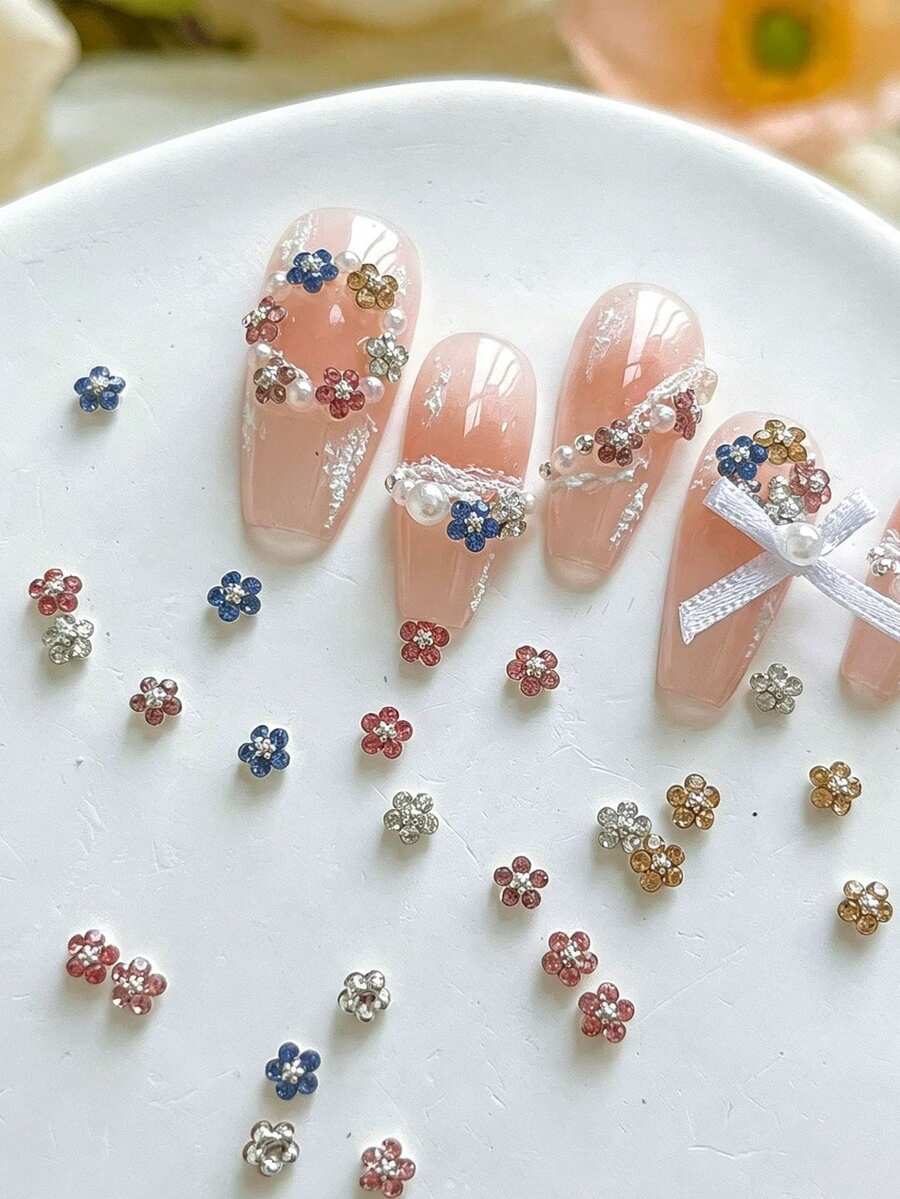 10件裝 5瓣花美甲裝飾,迷你水鑽美甲寶石,超亮透明3D扁平美甲飾品,美甲配件美甲吊飾 - 彩色 - 查看 1
