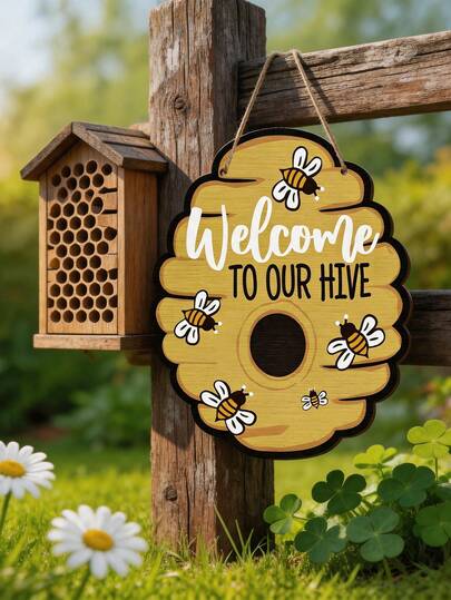 1pc Wooden "Welcome To Our Hive" Wall Sign, Hanging Bee Decor Welcome Plaque, Wooden Honeycomb Design, Farmhouse Beehive Home Decor For Wall, Porch, Garden, Indoor Outdoor Bedroom