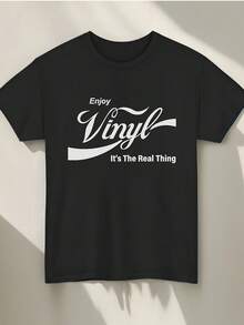 Camiseta Gráfica de Vinilo para Hombre - Diseño Enjoy The Real Thing, Camiseta Negra Casual de Manga Corta para DJs y Amantes de la Música - Negro - Ver 1