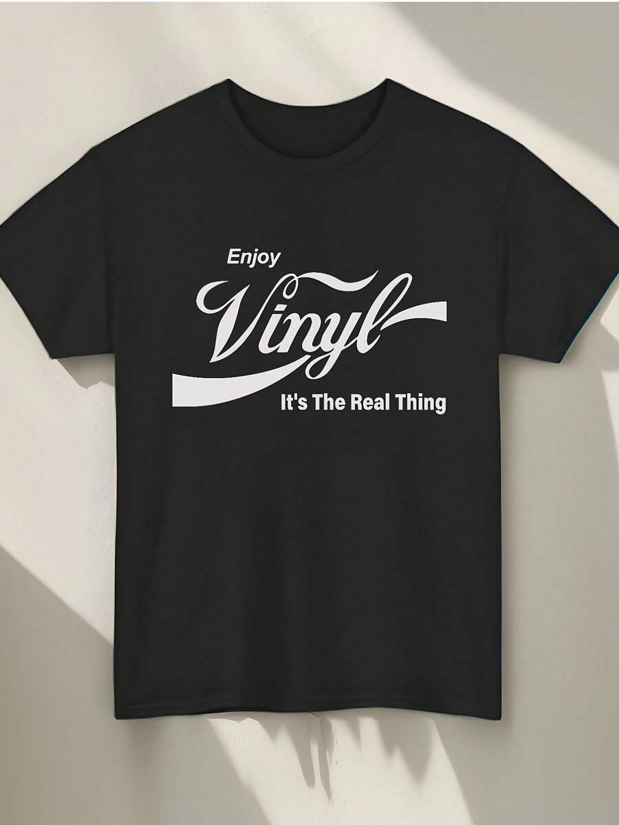 Camiseta Gráfica de Vinilo para Hombre - Diseño Enjoy The Real Thing, Camiseta Negra Casual de Manga Corta para DJs y Amantes de la Música - Negro - Ver 1