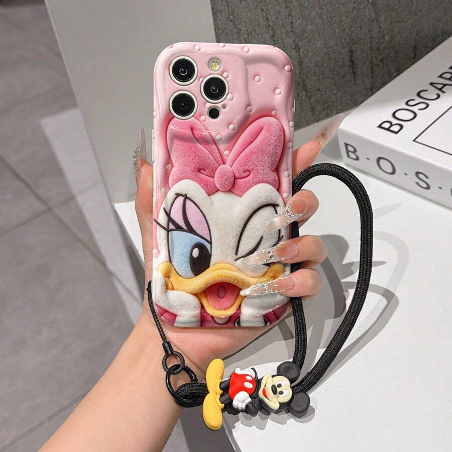 Disney Mickey Mouse Clubhouse Phone Case : 3D Fluffy Pattern Border Protector Phone Soft Phone Case With A Free Cute Mickey Bracelet Chain Lanyard, Mickey, Minnie, Goofy, Donald Duck, Daisy Duck, Pluto, For Apple 17 Promax 17 Pro 16 15 14 13 12 11 Pro Max XS Max X XR Soft Cover Summer Phone Case - 白色 - 查看 1