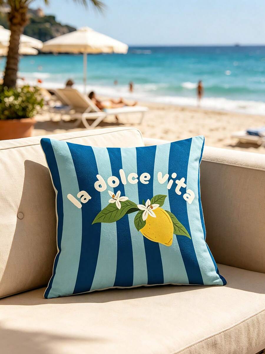 1pc Mediterranean Style Lemon Embroidery Cushion Cover, Blue Striped Letter Decorative Pillow Case For Living Room Sofa - Multicolor - View 1