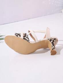 2026 Summer New Fashionable Versatile High-End Elegant High Heel Sandals For Women, Round Toe Snake Skin Pattern Design Buckle Criss-Cross Strap, Suitable For Daily Commute, Outdoor, Formal Occasions, Parties, Weddings - Beige - View 4