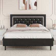 HOMBCK Twin/ Full/ Queen Bed Frame With Headboard, Modern Upholstered Bed Frame With Diamond Tufted Headboard, PU Leather Bed Frame, No Box Spring Needed, Easy Assembly, White/ Black/ Pink - 黑色 - 查看 10