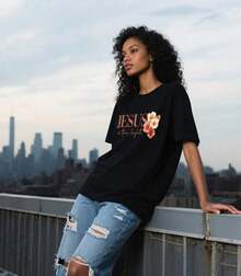 Faith Cross Christian Shirts For Women With Floral Cross Print, Graphic Women's Short-Sleeved T-Shirts, Wrinkle-Free Cotton T-Shirts For Women, Tops For Women. - Black - View 4