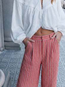 Pantalones largos de tiro medio en rayas azules con detalle de gran puño en rayas horizontales.Pantalones de primavera para mujer, ropa de verano, atuendos de vacaciones para mujer, parte superior de vacaciones, atuendo casual. - Rosa vieja - Ver 6