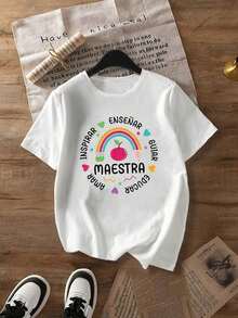 Women's Graphic T-Shirt, Short Sleeve, Round Neck, Casual For Spring/Autumn/Summer, With Rainbow Apple Heart Educational Slogan, For Valentine's Day/Back To School, White Color - 白色 - 查看 2