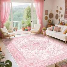 1pc Washable Boho Pink Area Rug, Ultra Soft Faux Cashmere Vintage Rug For Home Decor, Non-Slip And Soft Rug, Modern Bedroom Rugs, Vintage Rug For Kitchen And Office, Home Decor, Bedroom Mat, Elegant Floor Mat - Multicolor DT - View 2