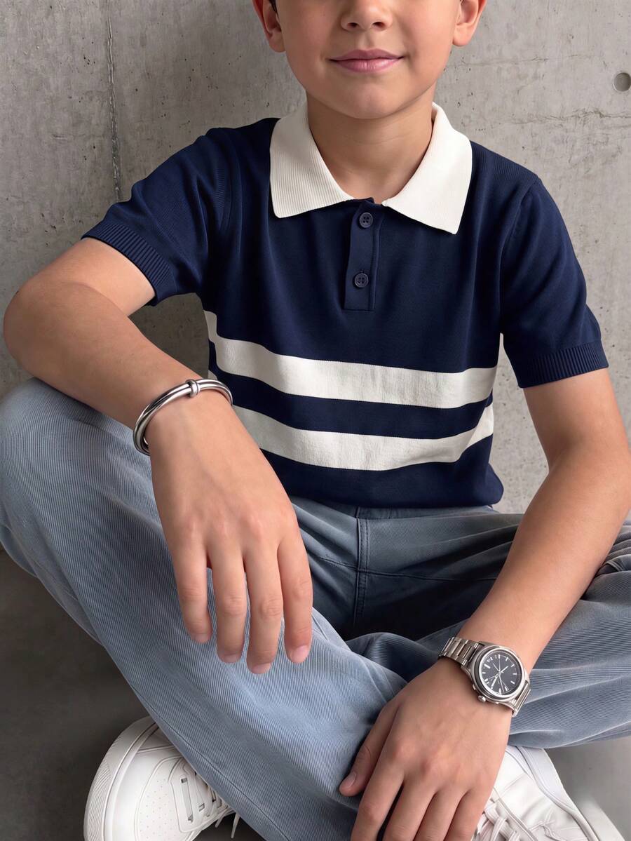 男童纯色短袖毛衣,半拉链轻薄针织套头衫,适合春、夏、秋季穿着。 - 藏蓝色 - 查看 1