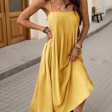 Women's Loose Solid Color Woven Dress, Suitable For Spring/Summer Vacation Solid Color Dress Green Maxi Dress Summer Dress - Amarillo - Ver 4