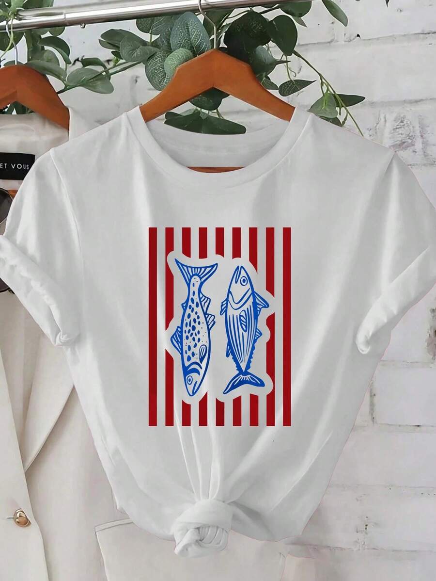 Röd & fiskränderig sommar-T-shirt - Avslappnad kortärmad topp med rund hals, koreansk stil för vår/sommar, maskintvättbar, bekväma fritidskläder - Vitt - Visa 1