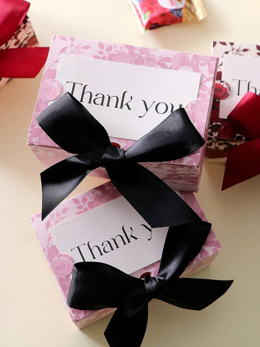 15pcs Rose Themed Thank You Card Gift Box Set, Pink Floral Pattern With Black Ribbon, Party Favor & Return Gift Packaging, Holiday Decor, Metal Commemorative Card, Celebration Theme Design