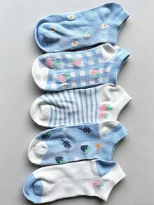 5 Pairs Spring/Summer Breathable Mesh Shallow Boat Socks For Women, Sweet Strawberry Blue & White, Ins Style Student Daily Versatile Non-Slip Cotton Socks, Random Delivery - Multicolor - View 5