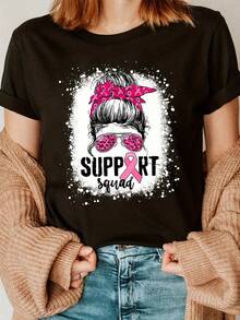 Camiseta de Mujer con Estampado de Guerrero Rosa, Manga Corta y Cuello Redondo, Top Casual para Verano y Primavera, Concienciación sobre el Cáncer de Mama, Camisetas para Damas - Negro - Ver 1