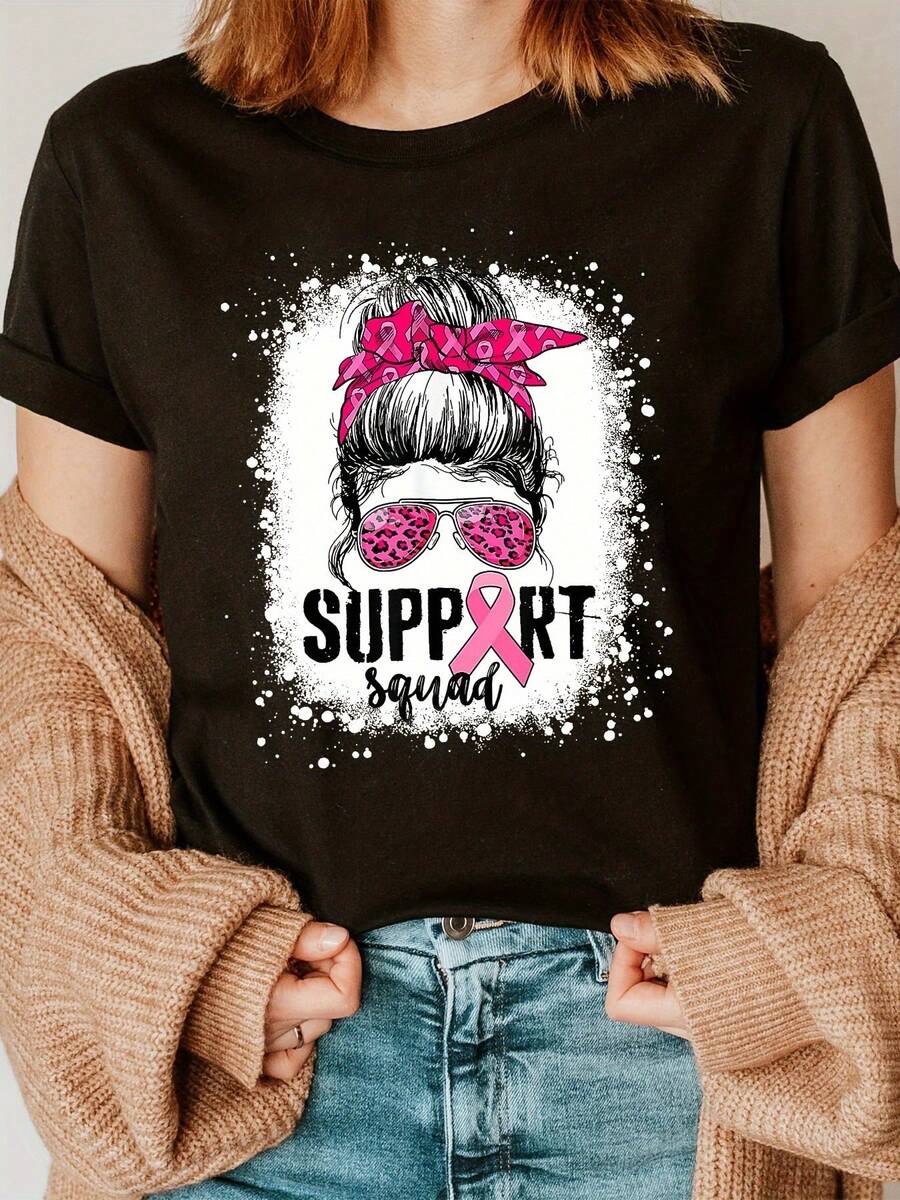 Camiseta de Mujer con Estampado de Guerrero Rosa, Manga Corta y Cuello Redondo, Top Casual para Verano y Primavera, Concienciación sobre el Cáncer de Mama, Camisetas para Damas - Negro - Ver 1
