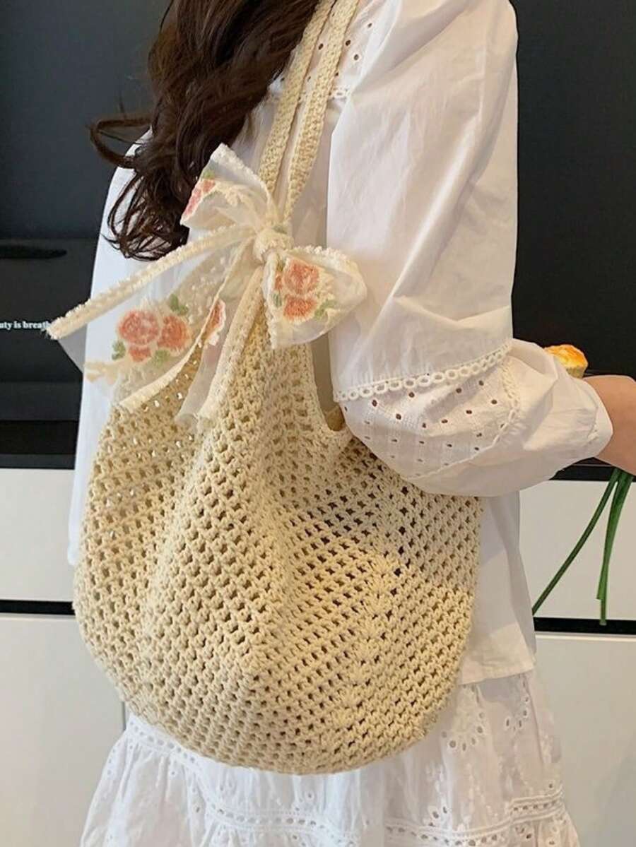 女士休闲大容量编织手提包，新款镂空草编包，慵懒学生沙滩手提包