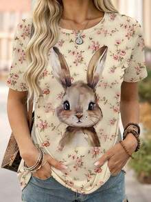 Blusa casual de cuello redondo con estampado floral, cómoda y adecuada para uso diario - Multicolor - Ver 1