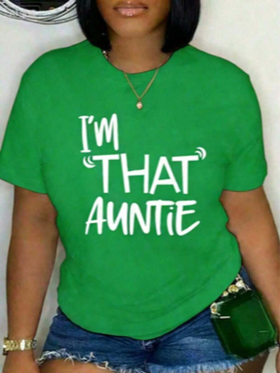 NUEVA Camiseta de Algodón con Estampado Divertido 'I'That Auntie' para Mujer, Talla Grande, Estilo Clásico, Cuello Redondo, Suave y Cómoda - Camiseta de Algodón Holgada y Cómoda de Manga Corta con Cuello Redondo, Estilo Vintage Urbano, Unisex - Verde - Ver 1