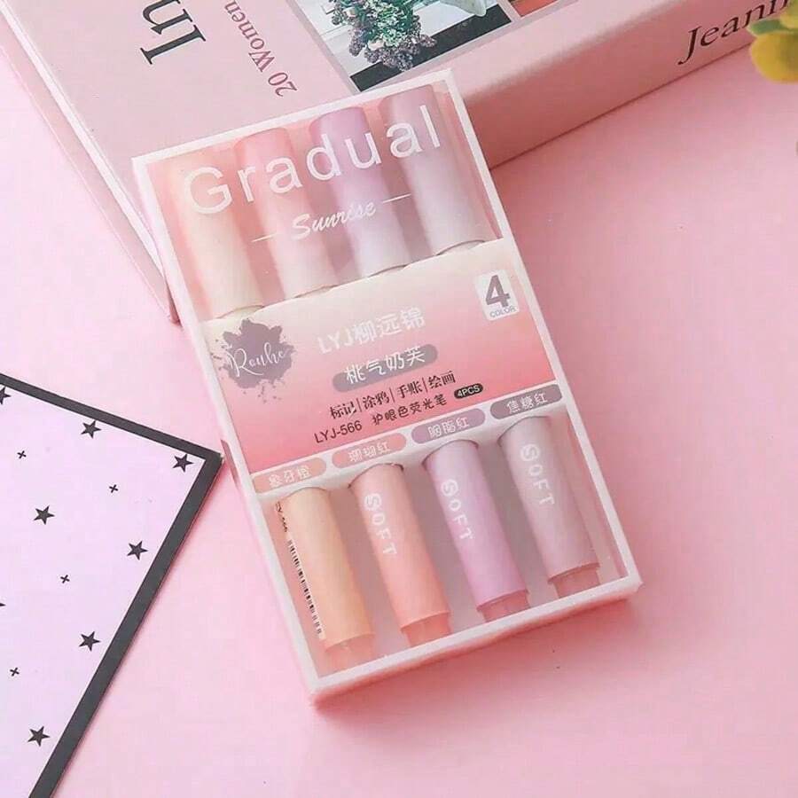 4pcs Soft Touch Pastel Highlighter Pens, Fade-Resistant Water-Based Ink, Round Tip, Suitable For Office Supplies, Writing, Editing, Notebooks, Sketching - 4 Pack - View 1