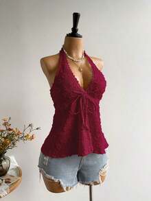 Conjunto de Playa Casual sin Espalda para Mujer, Estilo Bohemio, para Vacaciones, Festival de Música Hawaiana, Vacaciones Tropicales, Top Halter de Verano - Burdeos - Ver 2