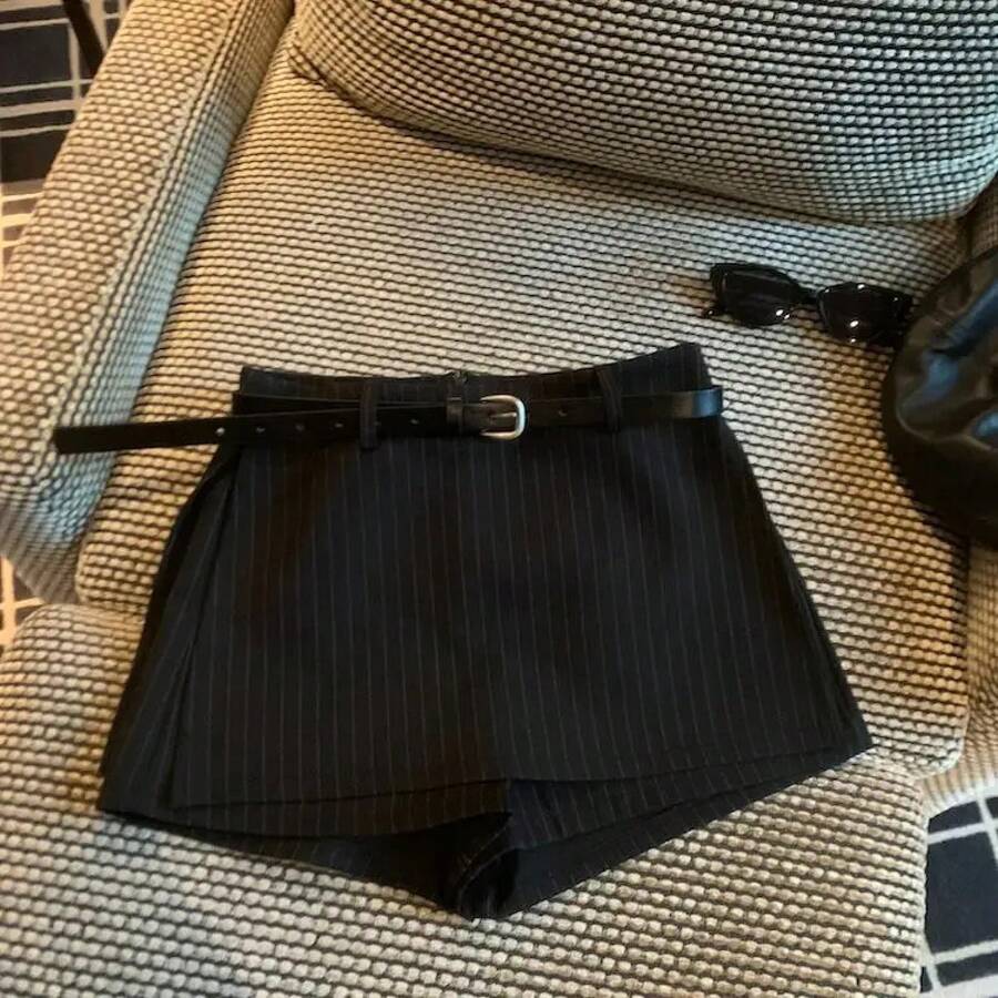 Shorts de Traje a Rayas de Cintura Alta para Mujer, Pantalones Casuales Versátiles y a la Moda para el Trabajo, Falda con Cin... - Negro - Ver 1