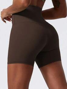 1 pieza Pantalones cortos de yoga elásticos de color nude, adecuados para correr, fitness, ciclismo y otros deportes, pantalones cortos ajustados transpirables y de secado rápido para mujeres en color negro - Café integral - Ver 5