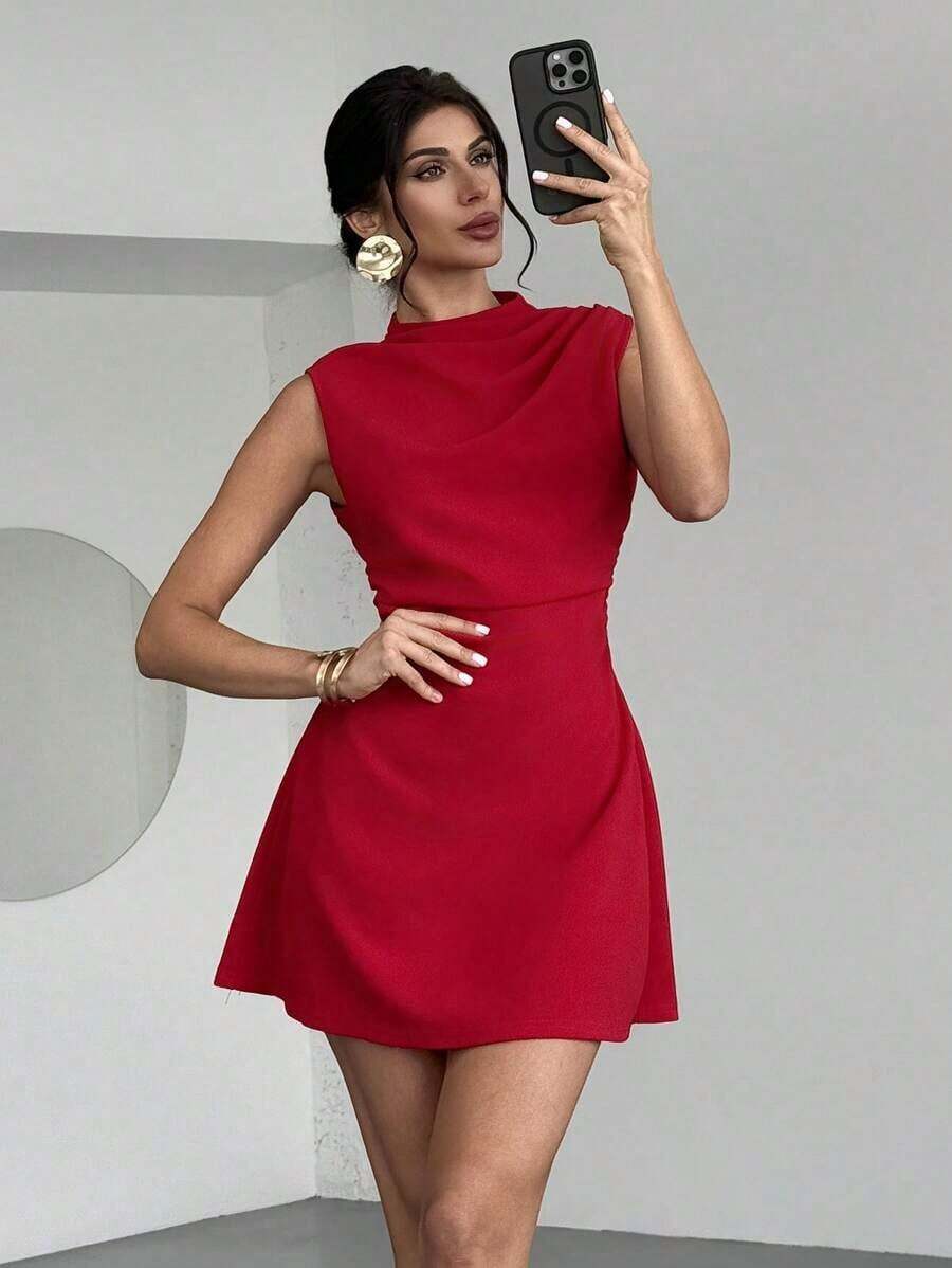 mini fruncido de línea A elegante, sencillo, exquisito, romántico y dulce para uso diario, boda, fiesta musical, vacaciones.Top rojo sin tirantes. - Rojo - Ver 1