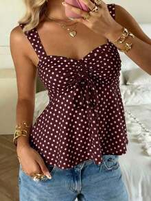 Nueva Colección Primavera/Verano 2026 para Mujer: Blusa/Top sin Mangas con Volantes y Cordón Ajustable, Estampado de Lunares Marrones, Estilo Casual y Versátil, Top de Verano - Marrón - Ver 1