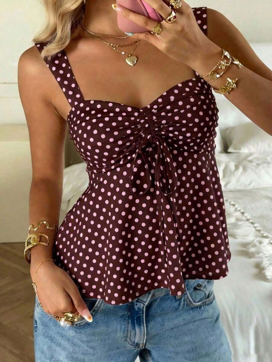Nueva Colección Primavera/Verano 2026 para Mujer: Blusa/Top sin Mangas con Volantes y Cordón Ajustable, Estampado de Lunares Marrones, Estilo Casual y Versátil, Top de Verano - Marrón - Ver 1