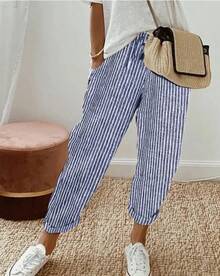 Pantalones informales con cordón de cintura elástica y estampado de rayas holgadas a la moda para mujer transfronteriza europea y americana novedad de verano - Negro - Ver 3