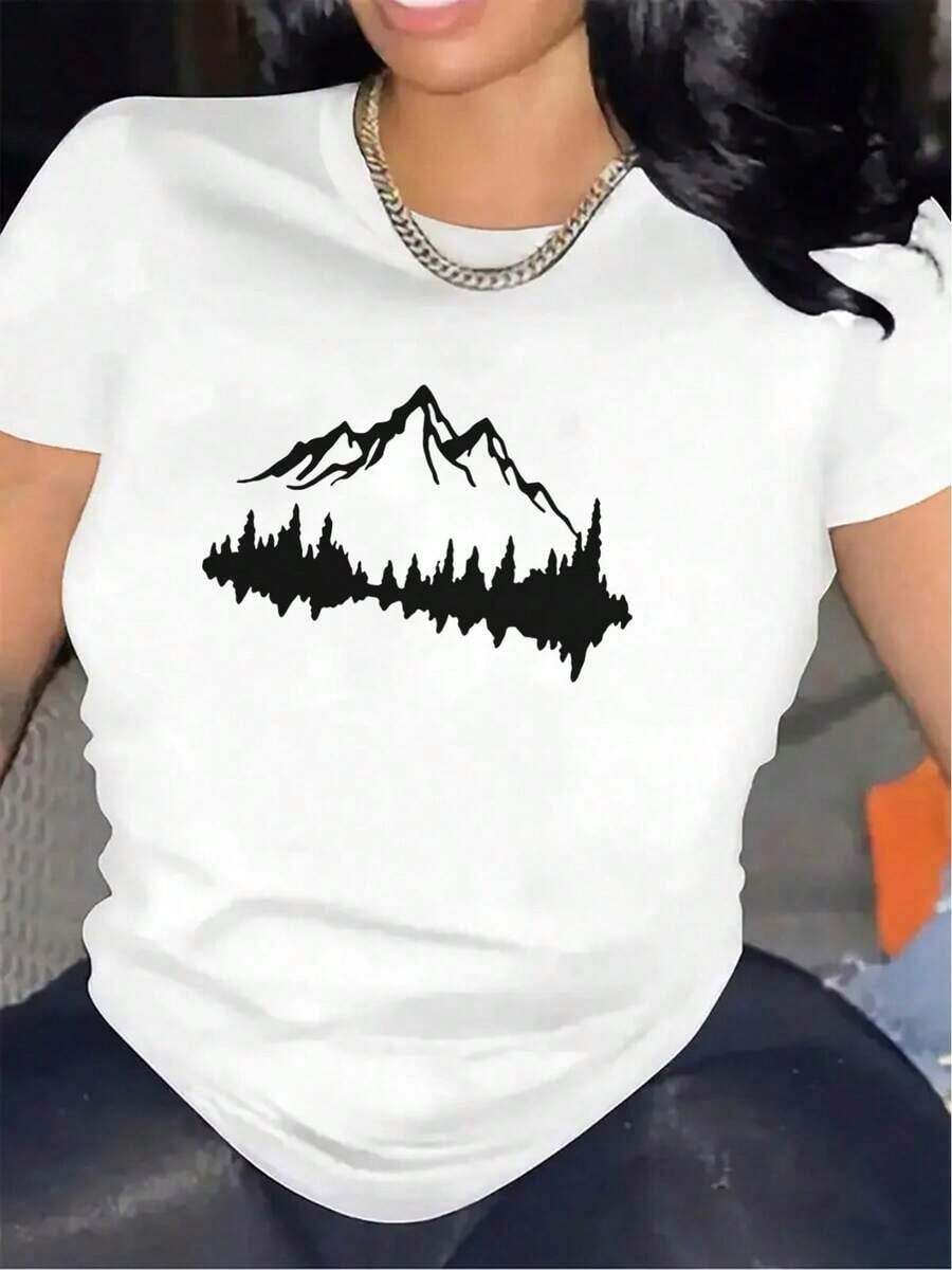 100% Cotton Short-Sleeved T-Shirt With Mountain Landscape Print, Casual And Modern Style, Made Of Durable, Lightweight And Comfortable Polyester Fiber, Suitable For Outdoor Activities, Ideal For Hiking, Camping Or Casual Use At Home And Restaurants, Comfortable And Loose. - 白色 - 查看 1