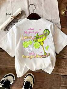 Camiseta Casual para Mujer con Estampado de Margarita, Tequila, Coctel, Hojas de Limón y Letras, Cuello Redondo, Ropa Deportiva Casual de Primavera/Verano, Nuevo Lanzamiento - Blanco - Ver 2