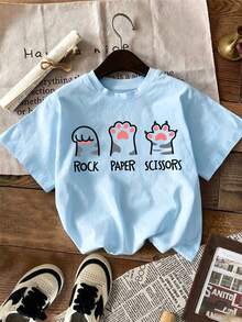 Teenage Girls' Cartoon Cat Paw Print Round Neck T-Shirt, Casual Soft Top For Spring & Summer - Baby Blue - View 2