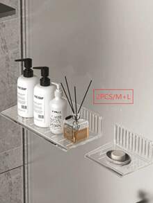 2pcs/Set Bathroom Wall Mounted Storage Rack, Toilet Storage Rack, Suction Cup Wall Mounted Bathroom Storage & Vanity - Clear - View 7