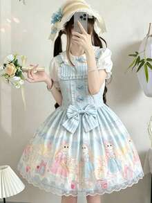 1pc Cute Cat Afternoon Tea Lolita Suspender Dress, Lolita Daily Outfit Fall - Multicolor - View 2